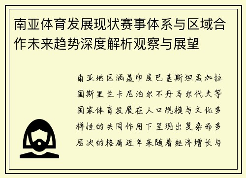 南亚体育发展现状赛事体系与区域合作未来趋势深度解析观察与展望